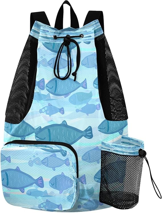 Blue Swimming Fish Swim Bag Mesh Sports Drawstring Backpack with Wet Pocket Waterproof Swimming Gym Backpack for Men Women