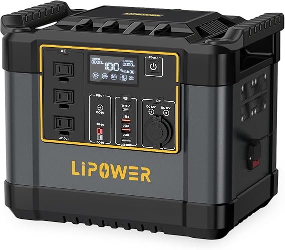 Lipower 1200W Portable Power Station, 1075Wh Solar Powered Generator AC Outlets(2000W Peak) with PD USB Ports, Electric Generator for Camping, Power Supply, Home Use, Emergency, Road Trip