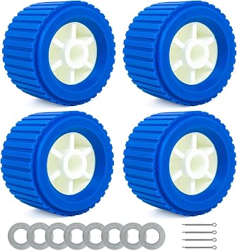 Boat Wobble Roller 4"x3", Boat Trailer Roller Marine Ribbed Wobble Roller Boat Trailer Wobble Roller Assembly with Washers and pins for Boat Yacht Trailer (Blue,4Pack)
