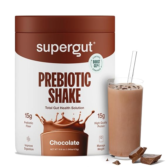 Supergut GLP-1 Boosting Prebiotic Shakes, Chocolate Gut Healthy Meal Replacement with 15g Fiber, 15g Protein & 5g Net Carbs - Keto Friendly - 8 Servings