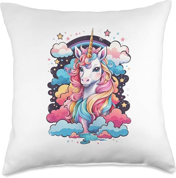 Cute Vintage Unicorn in a Rainbow Cotton Candy Clouded Sky Throw Pillow