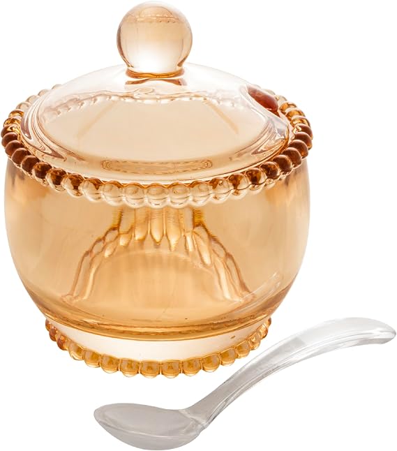 WOLFF - Pearl Crystal Beaded Sugar Bowl with Lid and Spoon - Sugar Holder, Dish for Candy Dispenser, Salt, Condiments and Spices, Jelly Jar (Amber, Sugar Bowl)