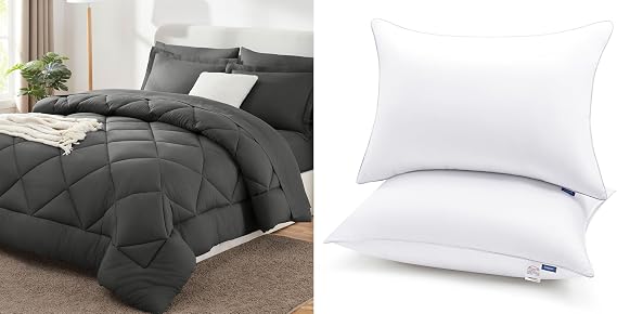 Queen Bed in a Bag 7-Pieces Comforter Sets with Comforter and Sheets Dark Grey All Season Bedding Sets Pillows Queen Size Set of 2, Hotel Quality Bed Pillows for Sleeping 2 Pack