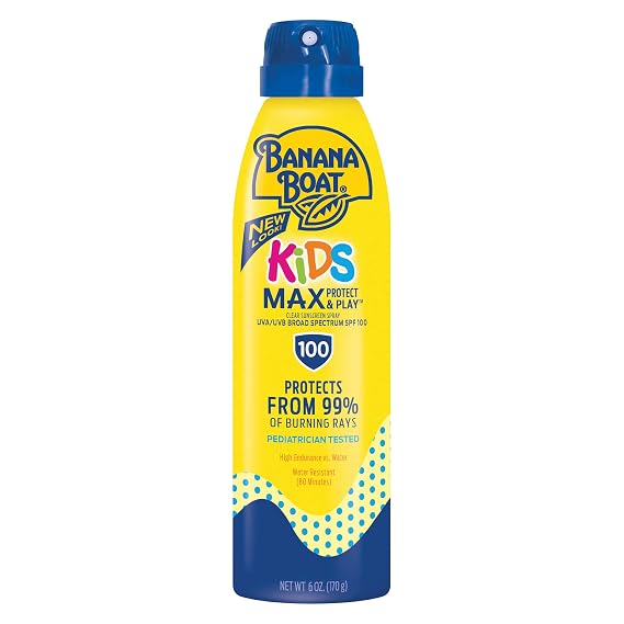 Banana Boat MAX Kids Sunscreen Spray SPF 100, 6 oz | High SPF sunscreen for kids, Water and sweat resistant sunblock, Easy spray application, UVA/UVB broad spectrum protection