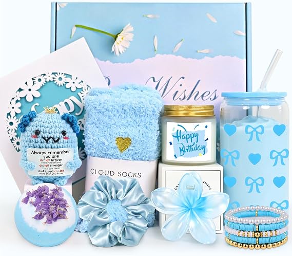 Birthday Gifts for Teen Girls, Women, Her, Unique Happy Birthday Gift Baskets for Best Friend, Daughter, Sister, Granddaughter, Cute Axolotl Crochet Ideal Gift Set 9pcs