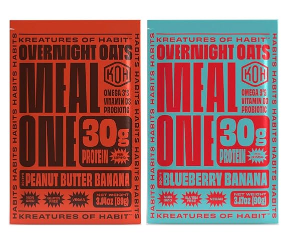 Kreatures of Habit MEAL ONE | Overnight & Instant Superfood Protein Meal Replacement | Gluten Free, Dairy Free, 30g of Plant Based Protein | Peanut Butter Banana | Blueberry Banana - 7 Packs of Each