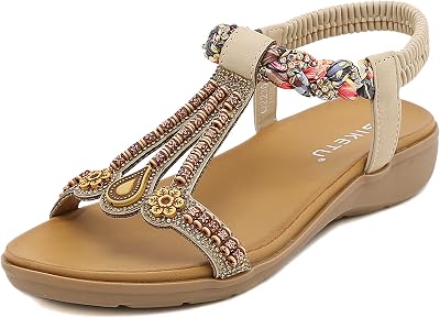 Womens T-Strap Sandals Bohemian Beaded Flat Sandals Ladies Comfortable Open Toe Elastic Ankle Strap Sandals Dress Summer Beach Shoes