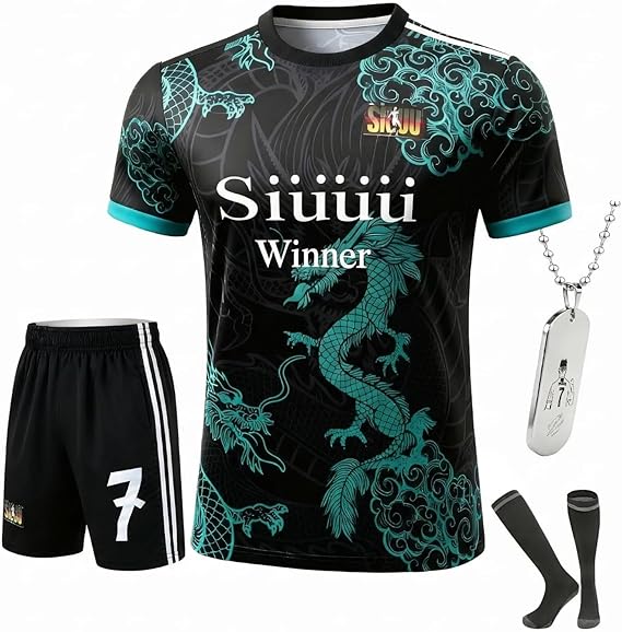 Kids Soccer Jersey Uniform Set #7 | Complete 4-Piece Kit with Shirt, Shorts, Socks & Player Necklace for Boys & Girls