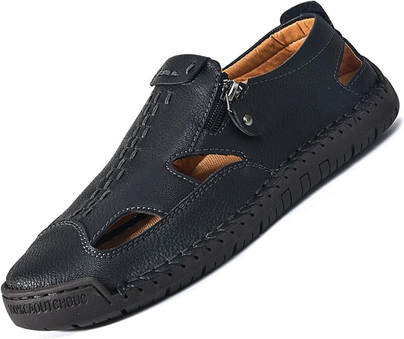 Men's Closed-Toe Leather Fisherman Sandals Slip-On | Breathable Comfortable Casual Moccasin Loafers for Summer Outdoor Driving & Walking | Side Zipper Hand-Sewn