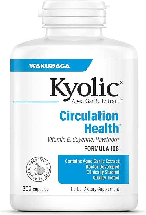 Kyolic Aged Garlic Extract Circulation Health* Formula 106, 300 Capsules | Made with Aged Garlic Extract, Vitamin E, Hawthorn Berry and Cayenne Pepper to Support Heart and Vascular Function