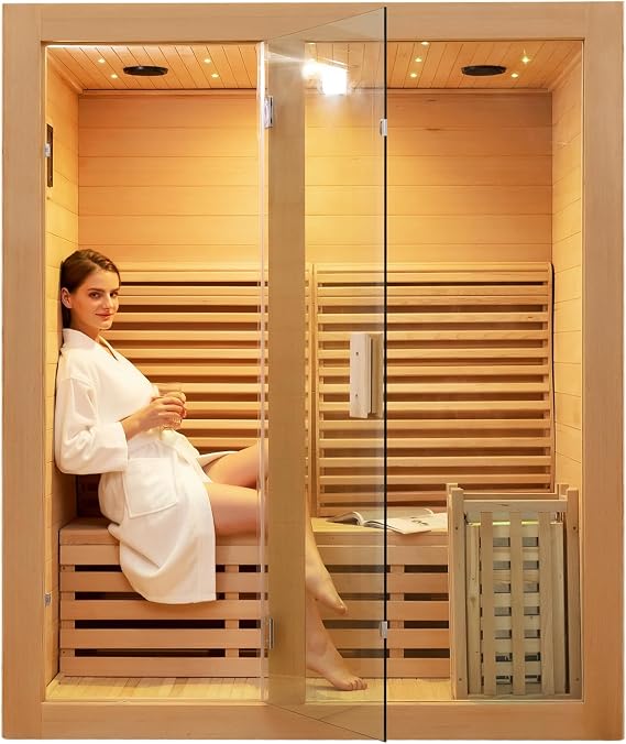 ZONEMEL Traditional Wooden Steam Sauna Room, 2 Person Canadian Hemlock Luxurious Indoor Sauna with 3.5 KW Harvia Stove Heater, Bluetooth Speaker, Sauna Stone, Wooden Bucket, Scoop, Reading Light, 220V