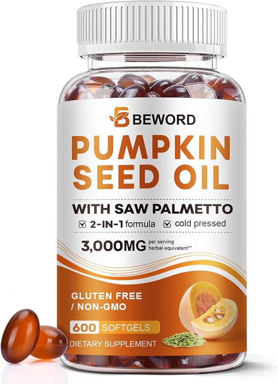 Pumpkin Seed Oil with Saw Palmetto Capsules, 3000mg/serving, Cold Pressed | 600 Softgels, Pure Virgin Oil, Essential Fatty Acids & Phytosterols | Supports Hair, Urinary, Bladder & Prostate Health