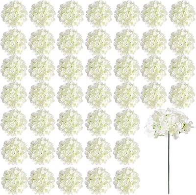 Auihiay 46 PCS Hydrangea Artificial Flowers Silk Hydrangea Heads with Stems, Ivory Artificial Hydrangea Flowers for DIY Wedding Centerpiece, Garden, Home, Party, Baby Shower Decor