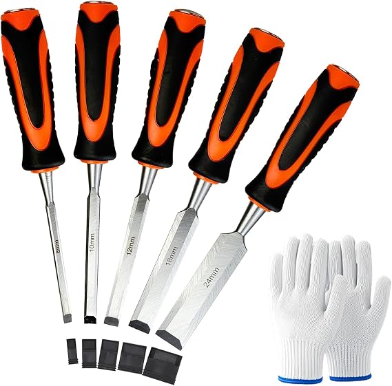 5 Pcs Wood Chisel Sets (6, 10, 12, 18 & 24mm), Professional Woodworking Tools with Gloves, Wood Carving Chisels Cr-V Bevel Edge Chisels with Steel Strike Caps