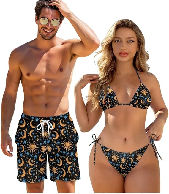Matching Swimsuits for Couples Spaghetii Straps Halter Tie String Bikini Set or Swim Trunks Beach Hawaiian Swimwear