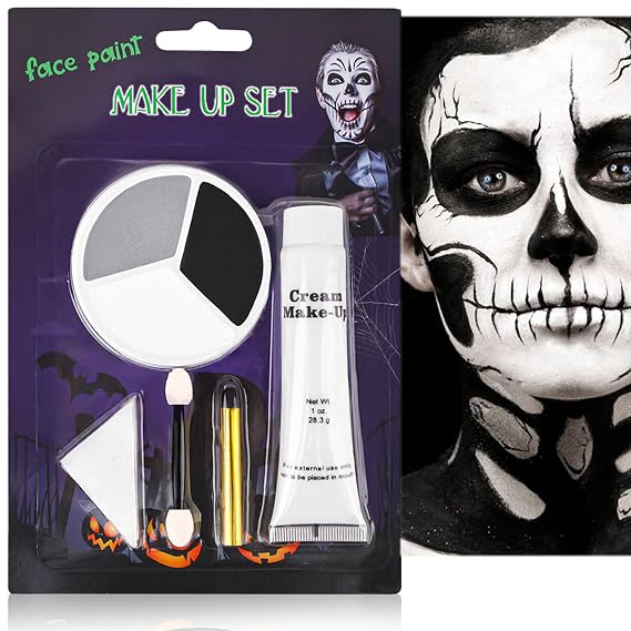 Halloween Makeup Kit - Black White Gray Face Paint + Sponge + Brush, Washable Formula Cream Clown Face Paint for Clown Joker Demon Devil Vampire Halloween Makeup, Cosplay