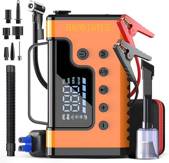4000A Car Jump Starter with Air Compressor, Car Jumper 150PSI Portable Car Battery Jump Starter, 12V Jump Box Battery Pack (8L Gas 6L Diesel Engine) with Boost, LEDLight and Jumper Cables