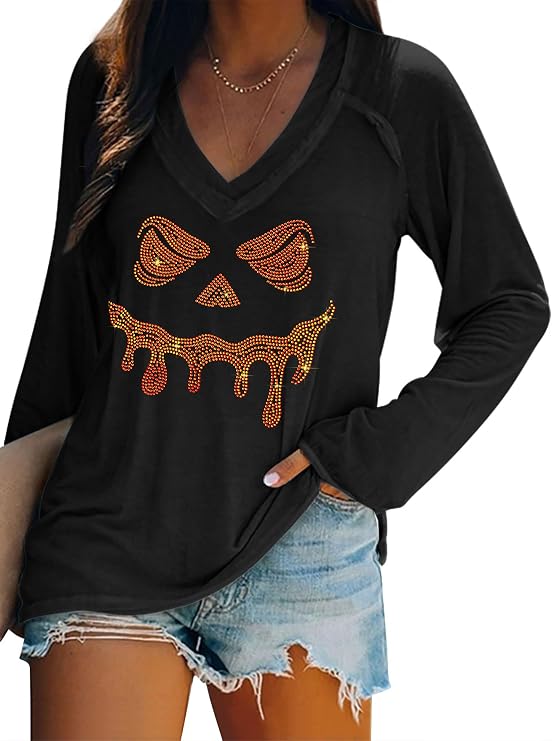 Ezcosplay Women V Neck Funny Halloween Shirts Spooky Rhinestone Jack O Lantern Face Long Raglan Sleeve Graphic Tops