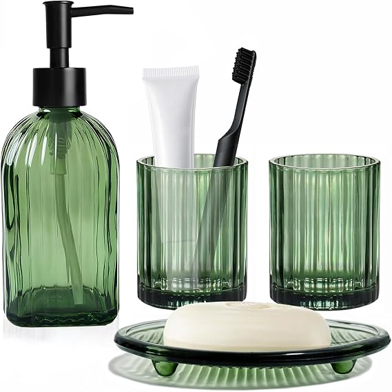 4PCS Green Bathroom Accessories Set, Bathroom Soap Dispenser Set | Include Glass Hand Soap Dispenser, Soap Dish, Tumbler and Toothbrush Holder Set for Bathroom Organiser, Sink, Vanity