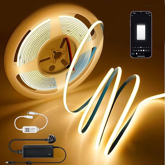 5M WiFi COB LED Strip Light Warm White,384LEDs/m Ultra Thin 5mm,DC24V Dotless Rope Light CRI90+ for Under Cabinet Kitchen Unit Alcove,Dimmable Music Sync Works with Alexa Google Home [Energy Class F]