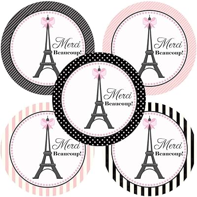 Paris Merci Beaucoup Sticker Labels by Adore By Nat - Birthday Baby Shower Bridal Wedding Party Favors - Set of 50