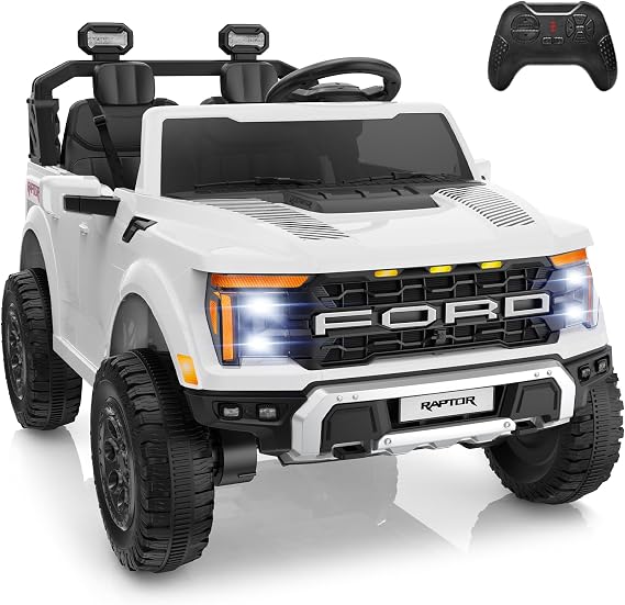 YOFE 24V Ride On Toys for Big Kids, Ford F-150 Raptor 2 Seater Ride on Car w/Remote, Battery Power Ride on Truck w/Durable Wheels, Kids Electric Car w/Bluetooth, LED Lights, Truck Bed Storage (White)