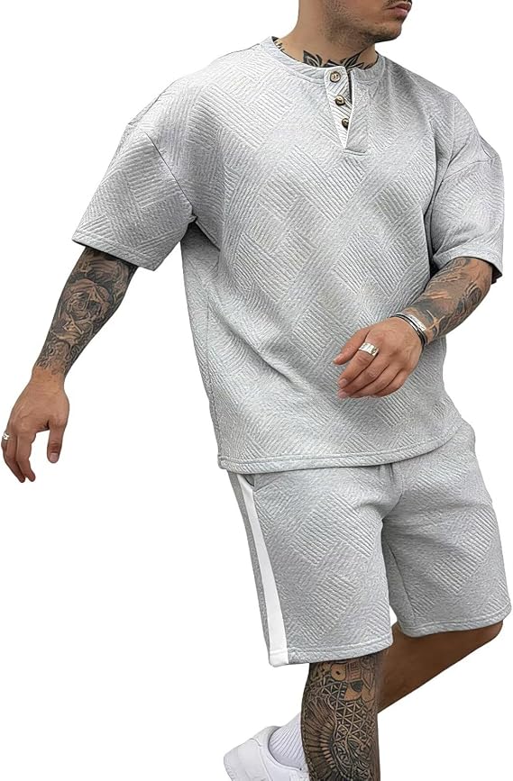 Men's 2 Pieces Outfits Henley Shirt and Short Sets