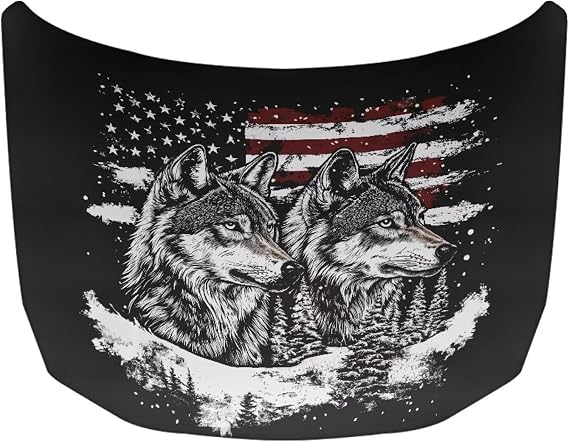 American Flag Gray Wolf Print Car Hood Cover Stretch Polyester Protector for Car Hood Snowproof Automotive Accessories for Most Auto Sedans Trucks Pickup SUVs