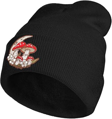 Moon Mushroom Floral Embroidery Beanie Knit Hat for Men Women, Casual Skull Knit Cap