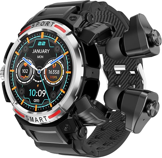 Tuanzi GT100 2 in 1 Smartwatch with TWS Earbuds 1.43 Inch 128MB Round Waterproof Music MP3 Speaker NFC Smart Watch Bluetooth Headphones Health Monitor Sports Fitness Tracke (Silver)