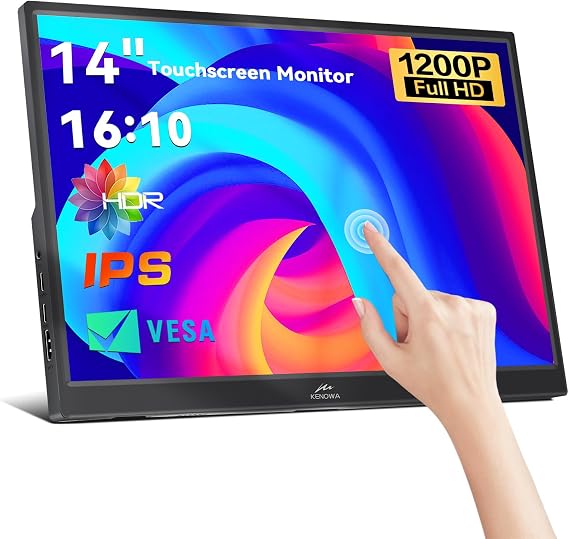 Kenowa Touchscreen Portable Monitor 14 Inch FHD 1920x1200P IPS Laptop Display USB C HDMI Port Travel HDR External Monitor for Laptop/Phone/Mac/PC/Xbox/Switch/PS4/5 Built-in Dual Speaker