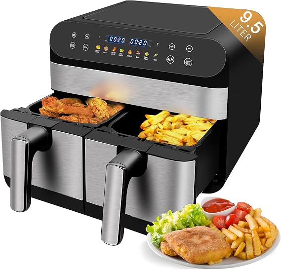 9.5Qt Dual Basket Air Fryer, Large Dual Zone Digital Airfryer, 2 Drawers, 8-In-1 Cooking Presets, with Smart Finish, Oil Free & Low Fat Cooking, Touch Screen, Non-Stick, Temperature Control