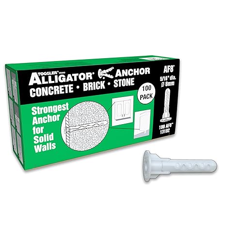 TOGGLER Alligator AF8 Flanged Polypropylene Anchors, Heavy Duty Wall Anchors for Concrete, Brick, Stone & Drywall, Fits #8#14 Screws, 5/16" Size, 85 lb in 1/2" Drywall (Pack of 100 w/o Screws)