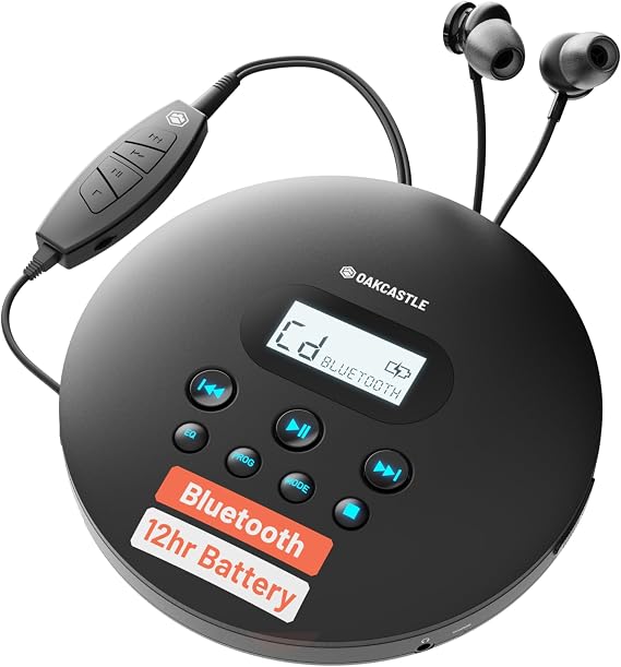 Oakcastle CD100 Rechargeable Bluetooth CD Player | 12hr Portable Playtime | in Car Compatible Personal CD Player | Headphones Included, AUX Output, Anti-Skip Protection, Custom EQ, CD100 (Black)