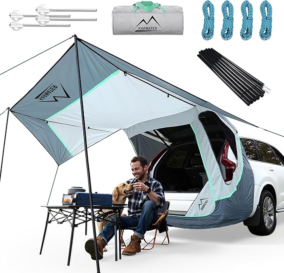 SUV Tailgate Tent with Poles &Three Sides Awning Shade & Transmittance Mosquito Net, Hatchback Camping Sunproof Car Tenting, Universal SUV Windproof Camping Gear Tent Outdoor Travel