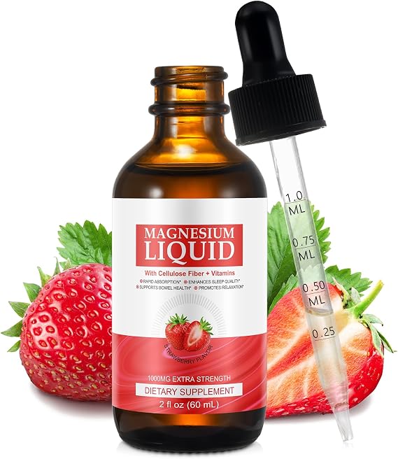 Magnesium Glycinate Liquid Drops,Liquid Complex with Magnesium Glycinate,Taurate,Cellulose Fiber,Bromelain,Vitamin B6,C,D and Zinc, Strawberry Flavor, 2 Fl Oz