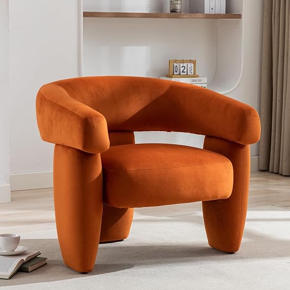 Orange Velvet Barrel Accent Chair, Modern Padded Club Armchair