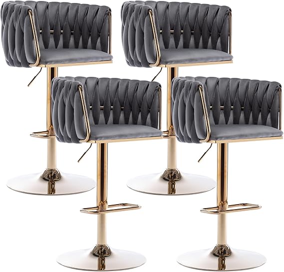 Counter Height Bar Stools Set of 4 Modern Velvet Bar Stools with Woven Back Swivel Barstools with Footrest for Kitchen Island, Cafe, Pub (Grey)