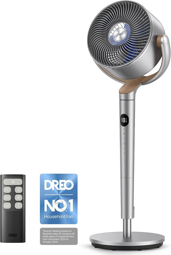 DREO 20 dB Standing Fan for Bedroom, 120°+120° Omni-directional Cooling Fans, 90 ft Circulator With Remote, DC Motor Pedestal Fans, 35-40" Adjustable Height Floor Fan, 8 Speeds, 3 Modes, 8H Time