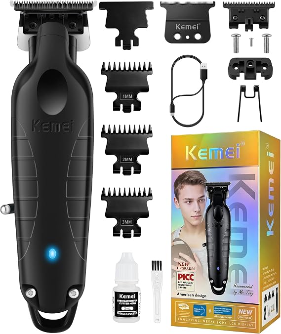 KEMEI PG2299 Hair Trimmer for Men, Zero Gapped T-Blade Clippers for Edging & Lining, Cordless Barber Liners with Extra Replacement Blade, USB Rechargeable Grooming Kit for Beard & Dry Shaving (Black)