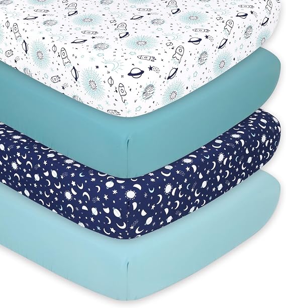 The Peanutshell Baby Crib Sheets 4-Pack for Girl or Boy - Soft, Oval & Fitted Baby Girls or Boys Crib Sheet, Rectangle, Fitted Covers, Halo Mattress - Space