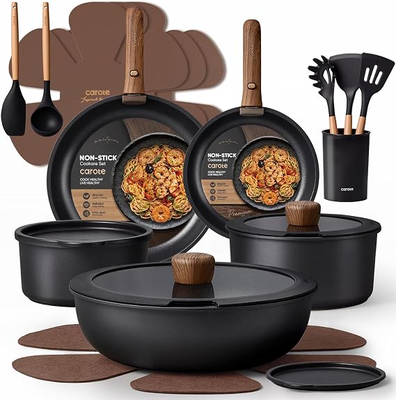 CAROTE 21pcs Pots and Pans Set Non Stick, Detachable Handle Cookware, Black