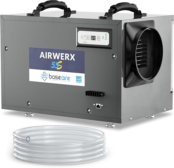 BaseAire AirWerx55 Dehumidifier for Crawl Space Basement,120 Pints Commercial Dehumidifier with Continuous Drain Hose, Intelligent Humidity Control, Auto Shut off/Restart