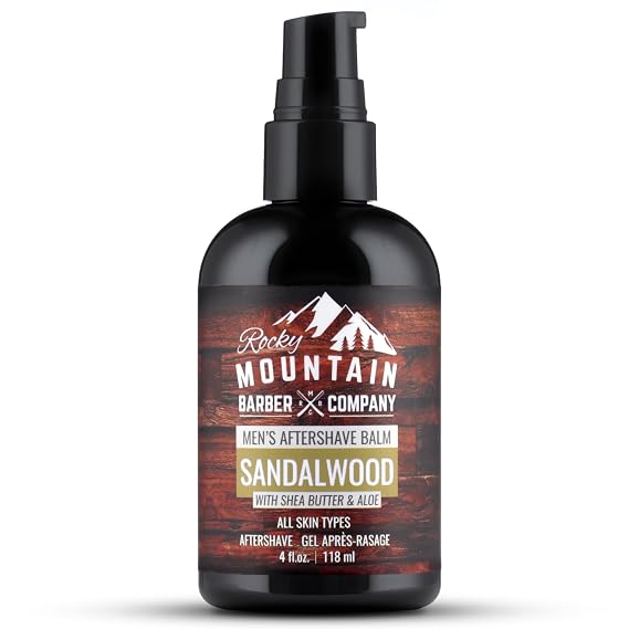 Rocky Mountain Barber Company Sandalwood Aftershave Balm for Men, 4 oz | Made with Sandalwood Essential Oil, Coconut Oil and Shea Butter, Hydrates & Protects Your Skin After Shaving, Alcohol-Free