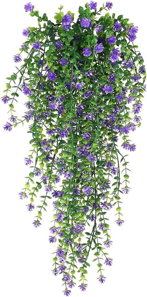 Fake Hanging Plants, Artificial Hanging Plant, Faux Pothos Vines Hanging Plant Greenery for Wall Home Living Room Indoor Outdoor Decor Blue Purple