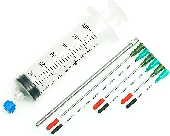 The Single 60ml - All-Purpose Industrial Syringe Kit with 7 Dispensing Tips; 5" 8g, 4" + 2" + 1" 14g and 18g, 1 Easy Grip Syringe Cap, 6 Tip Covers