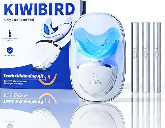 KIWIBIRD Teeth Whitening Kit for Sensitive Teeth - Enamel-Safe, 3 Gel Pens + LED Light with Wireless Charging Case, IPX7 Waterproof At-Home Dental Care (Blue Light)