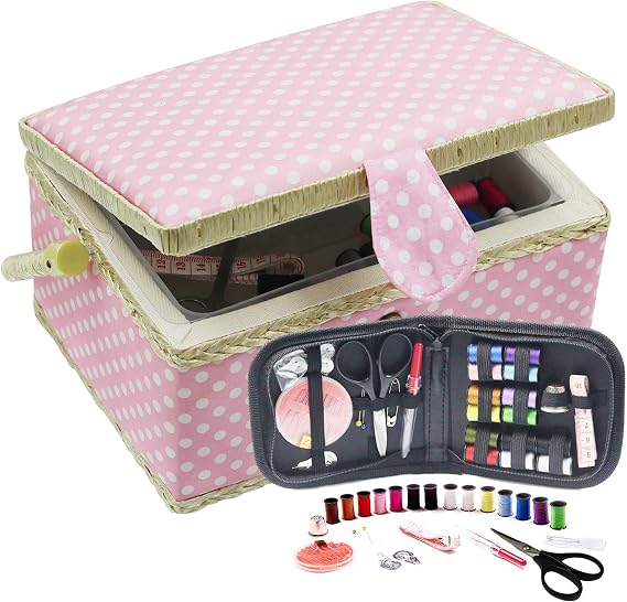 D&D Sewing Basket with Sewing Kit, Sewing Box Organizer with Accessories, Sewing Supplies Storage with Sewing Tools Set (Pink, Medium)