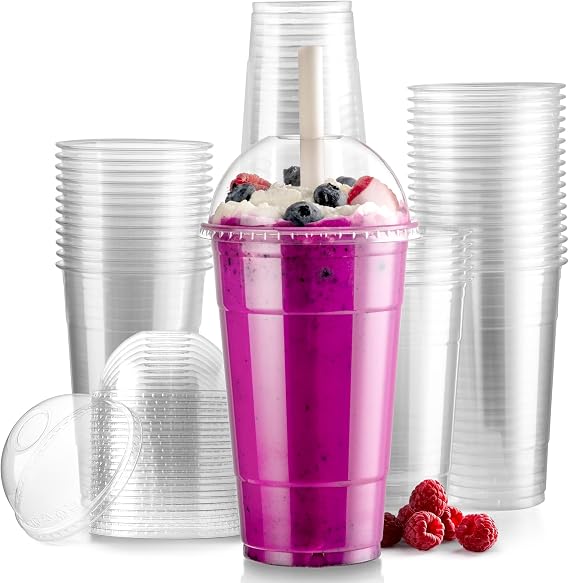Fit Meal Prep 50 Pack 24 oz Disposable Plastic Coffee Cups with Dome Lids, To Go Iced Coffee Cups with Lids, BPA Free Clear Parfait Cups for Party, Smoothie, Bubble Boba, Juice, Frappuccino, Milkshake