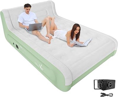 Queen Air Mattress with Headboard, Built-in Rechargeable Pump, 18 Inch Inflatable Mattress for Family Guest Travel Camping, Fabric and Dutch Velvet Blow up Air Bed, 18 Queen Green